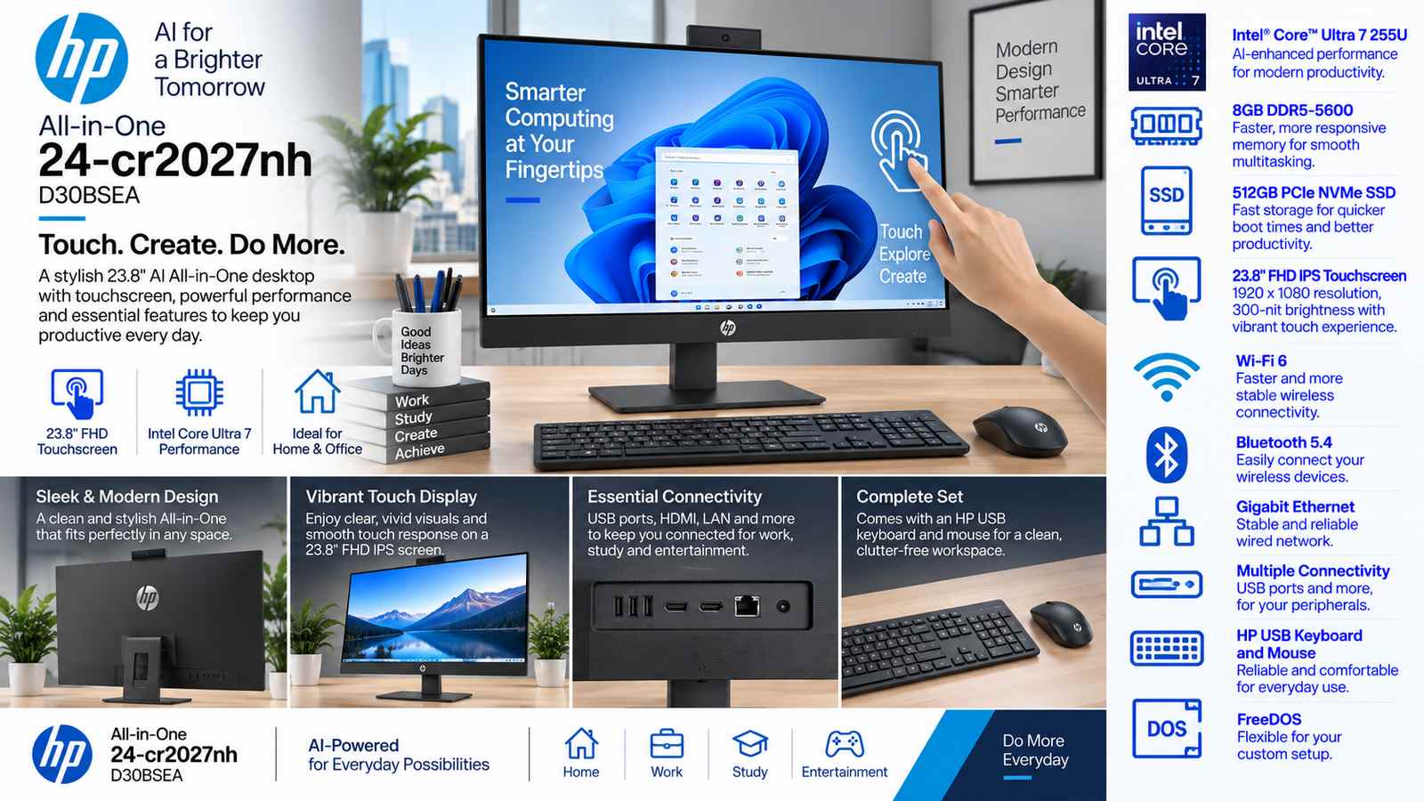 HP All-in-One Desktop AI 24-cr2027nh D30BSEA, Intel Core Ultra 7 255U, 8GB DDR5-5600, 512GB PCIe NVMe SSD, 23.8-inch FHD IPS Touchscreen, Intel UHD Graphics, USB Keyboard & Mouse, FreeDOS, Jet Black